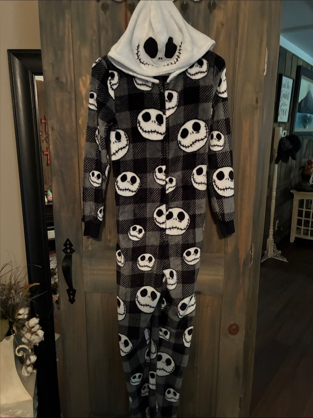 Disney Nightmare Before Christmas Skull Face Hooded One-Piece Fleece Jumpsuit